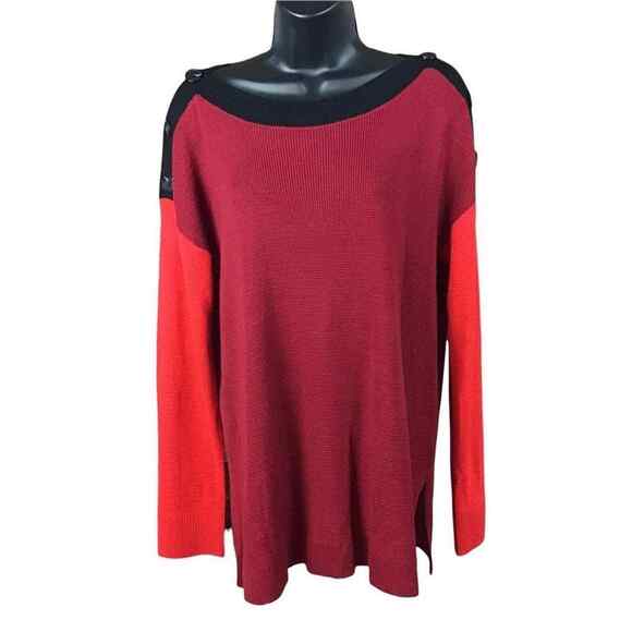 Vince Camuto Women’s Medium Red Black Colorblock Button Shoulder Sweater NWOT - Picture 2 of 16